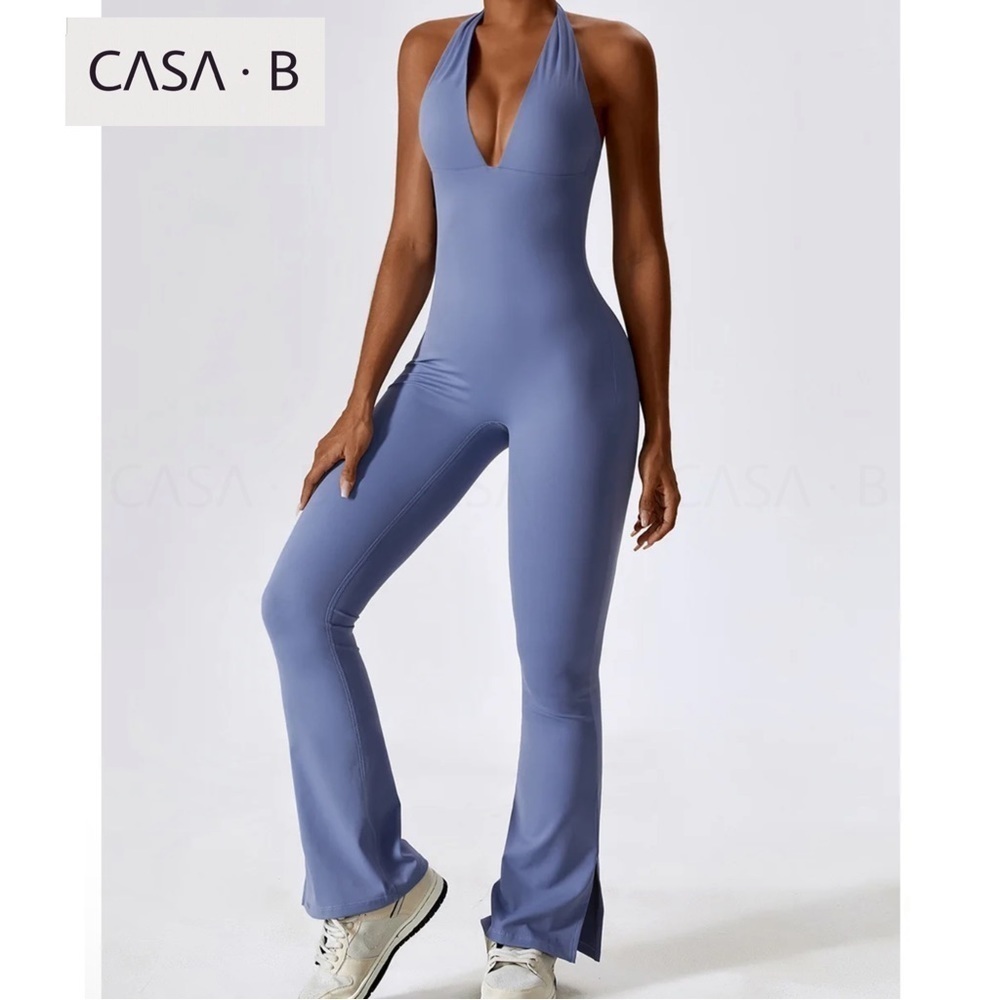 CASA B ACTIVE💫| EON Essential Flared Open Back Halter tie Active Jumpsuit- Blue